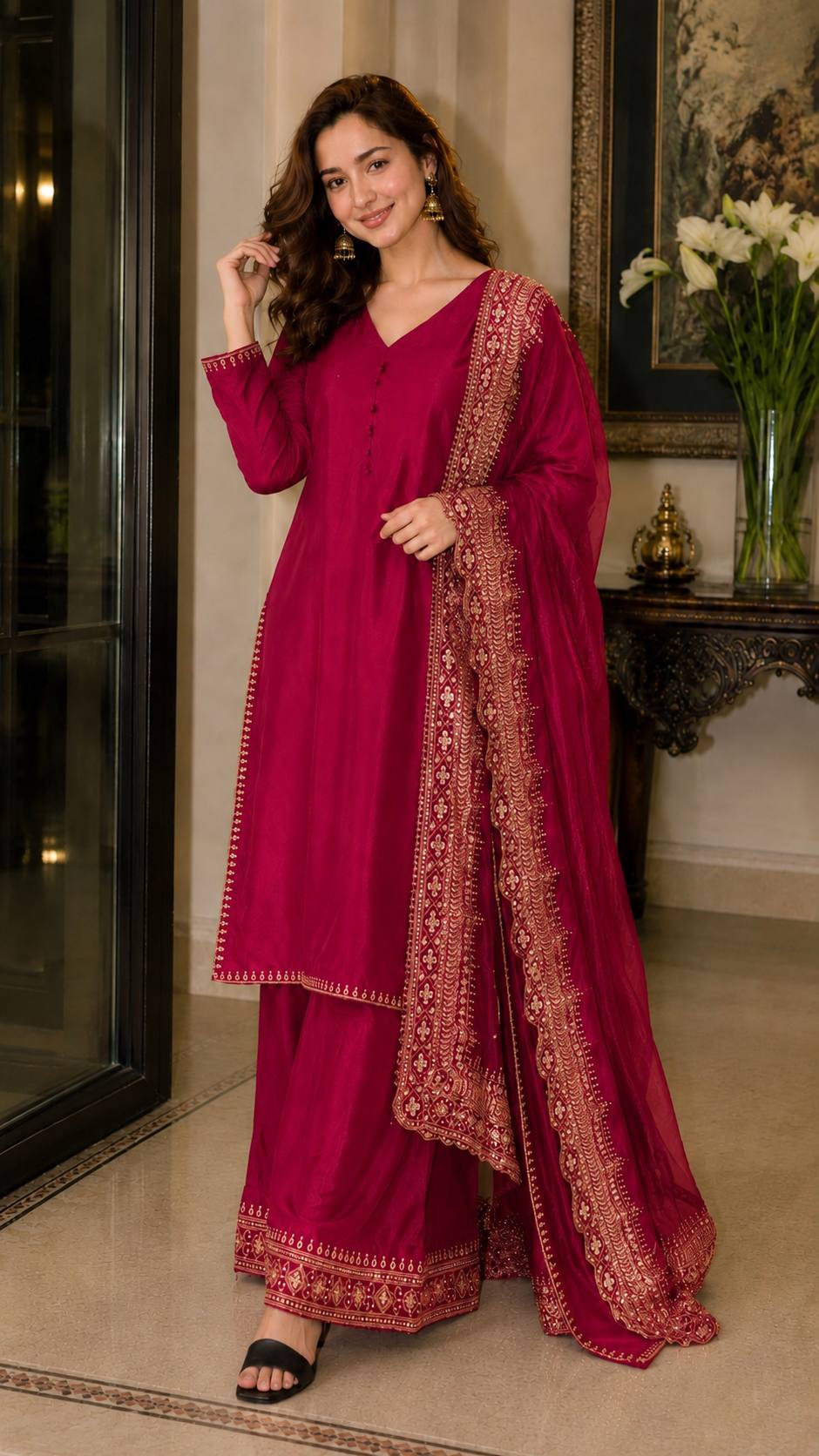 Crepe Silk Embroidered Palazzo Set
