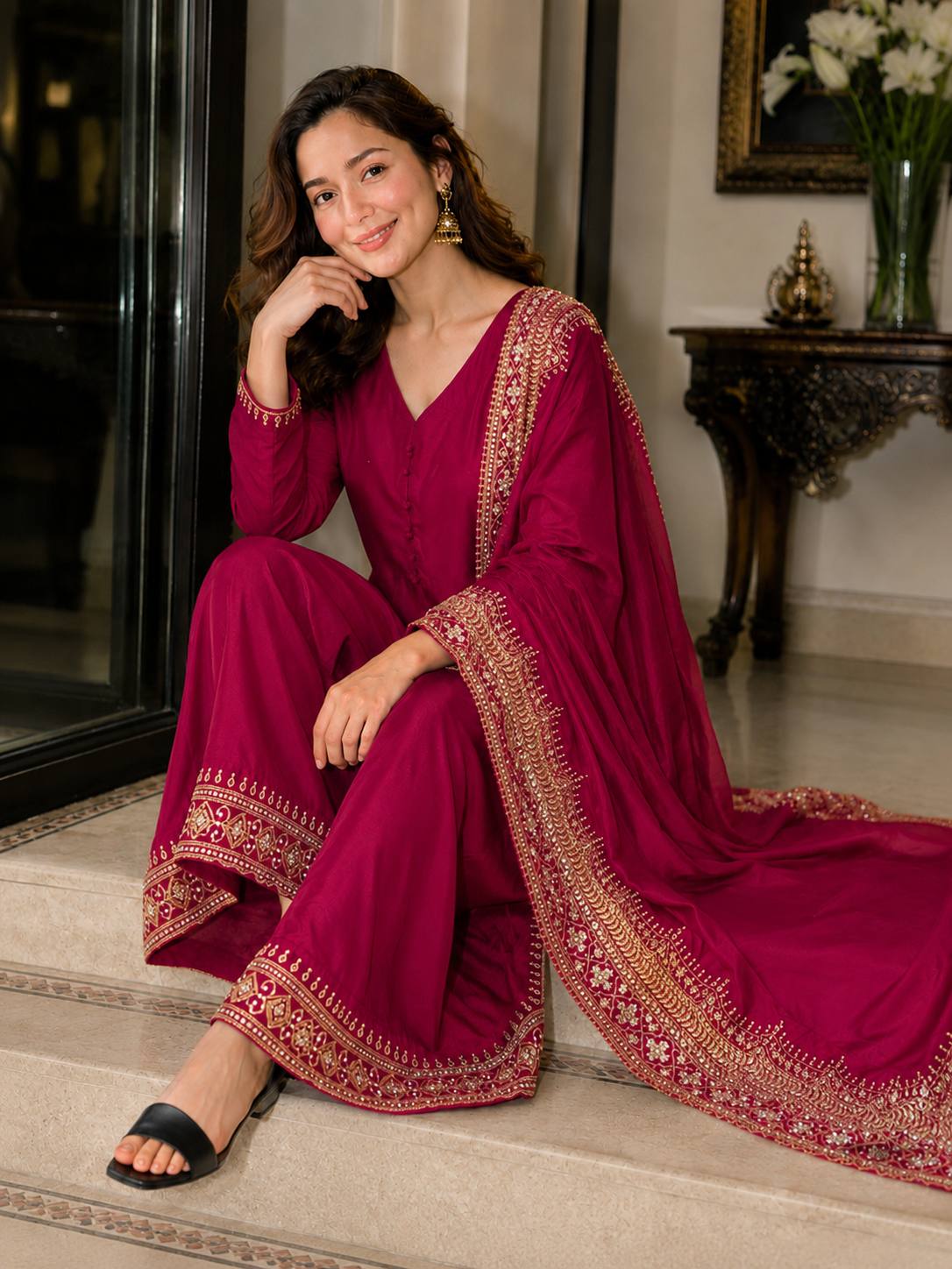 Crepe Silk Embroidered Palazzo Set