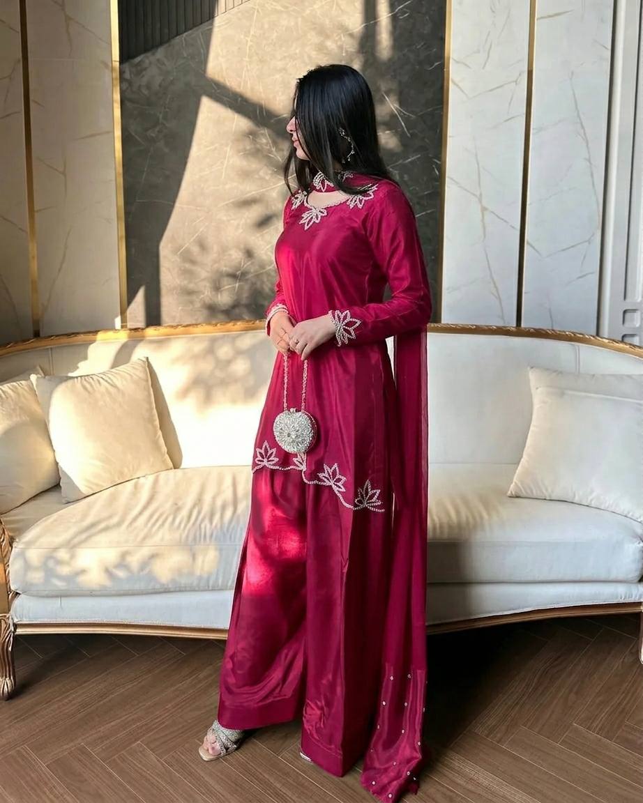 Natural Crepe Embroidered Farshi Set