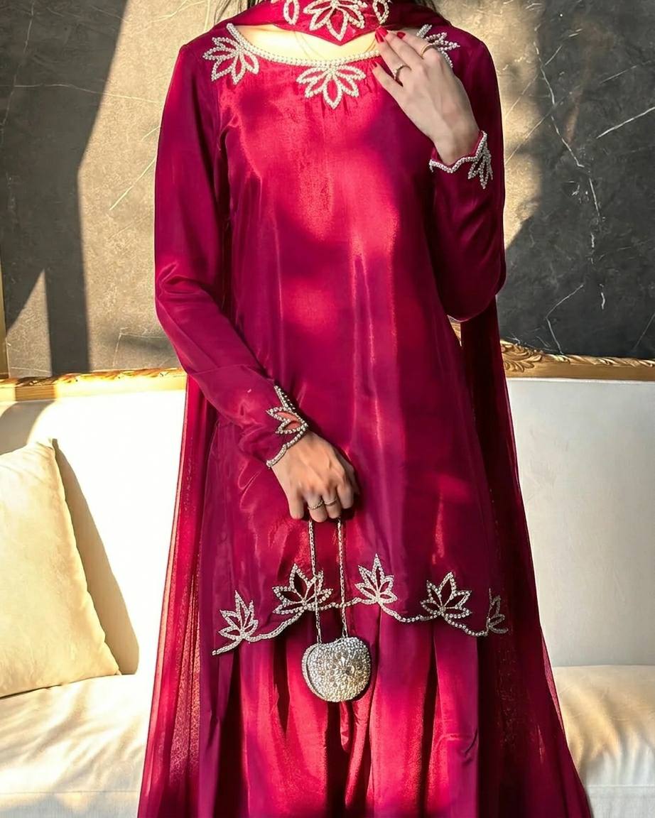 Natural Crepe Embroidered Farshi Set