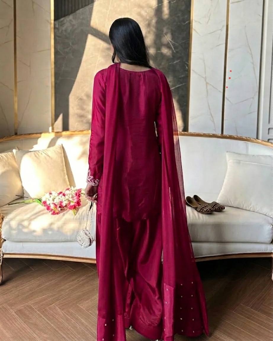 Natural Crepe Embroidered Farshi Set
