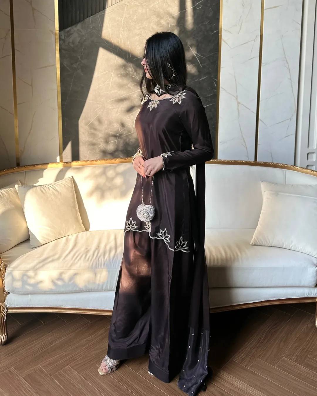 Natural Crepe Embroidered Farshi Set