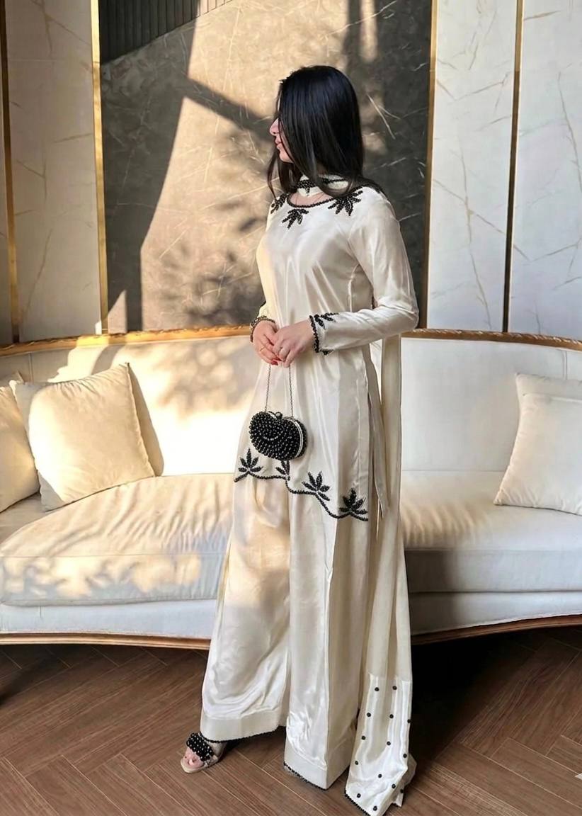 Natural Crepe Embroidered Farshi Set