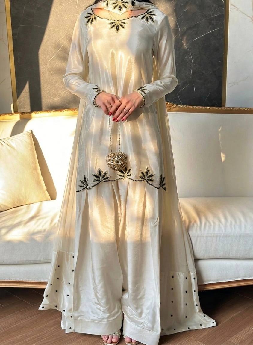 Natural Crepe Embroidered Farshi Set