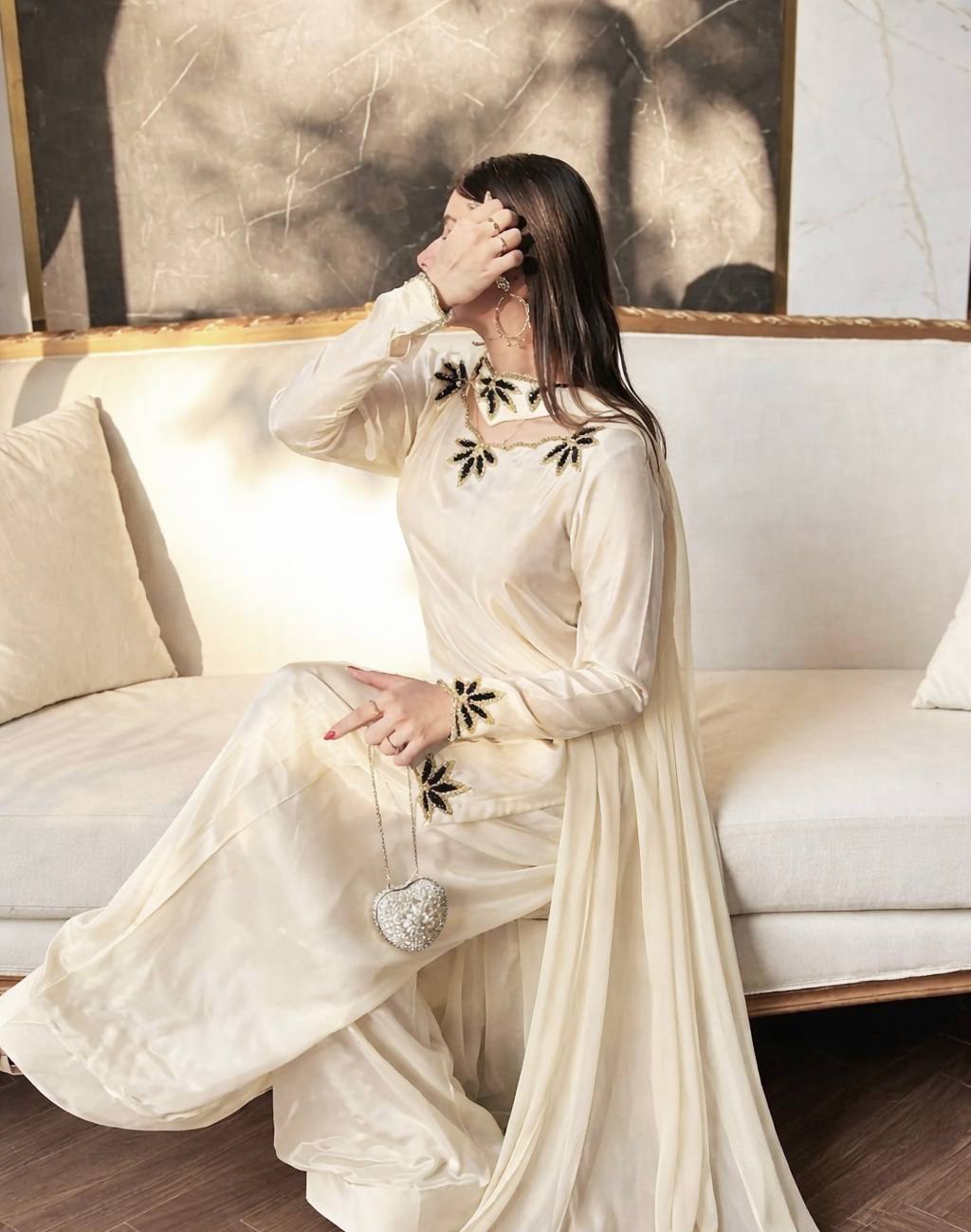 Natural Crepe Embroidered Farshi Set