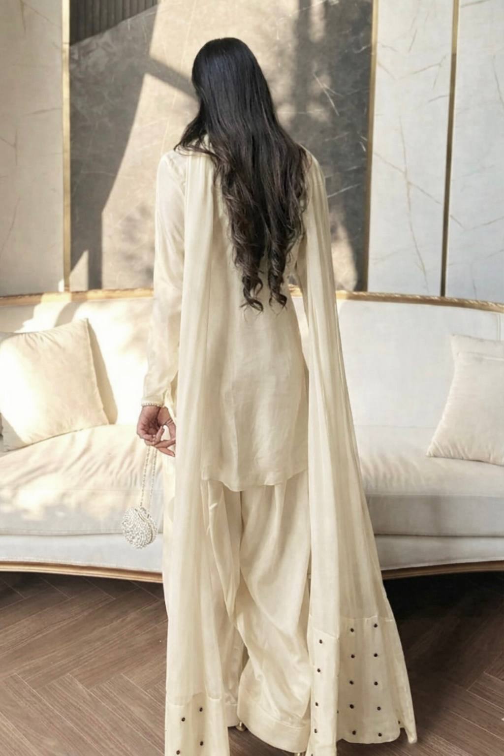 Natural Crepe Embroidered Farshi Set