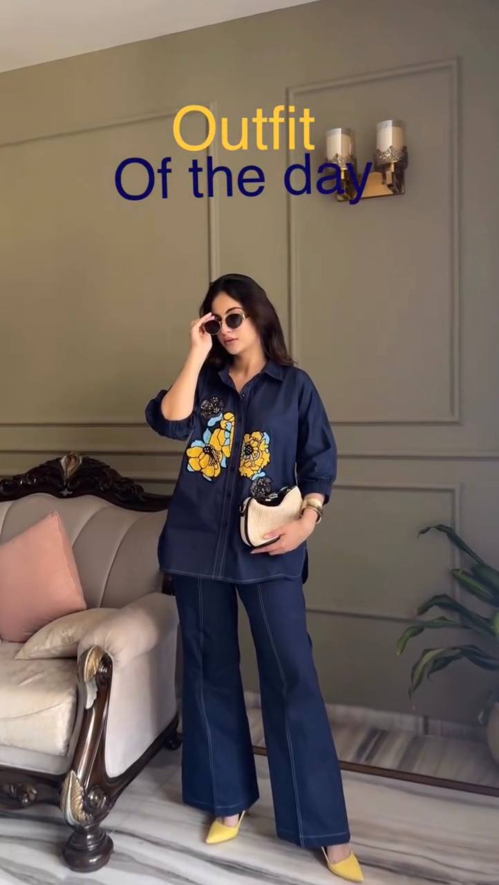Navy Blue Embroidered Cotton Co-Ord Set