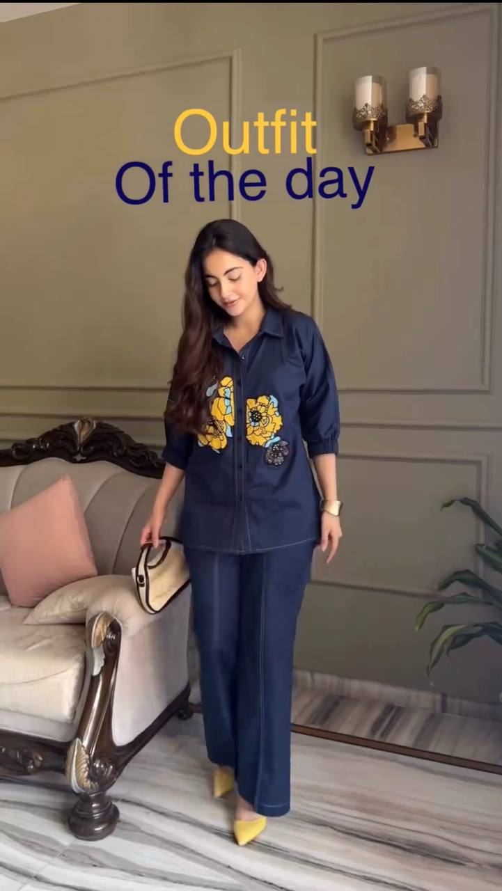 Navy Blue Embroidered Cotton Co-Ord Set