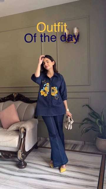 Navy Blue Embroidered Cotton Co-Ord Set