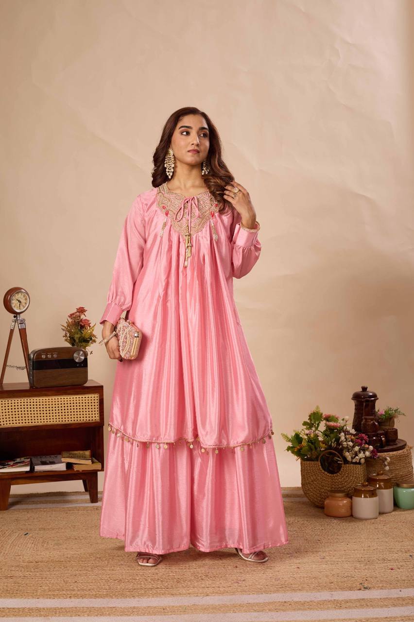 Pink Chinon Kurti Sarara Set with Sequence Embroidery