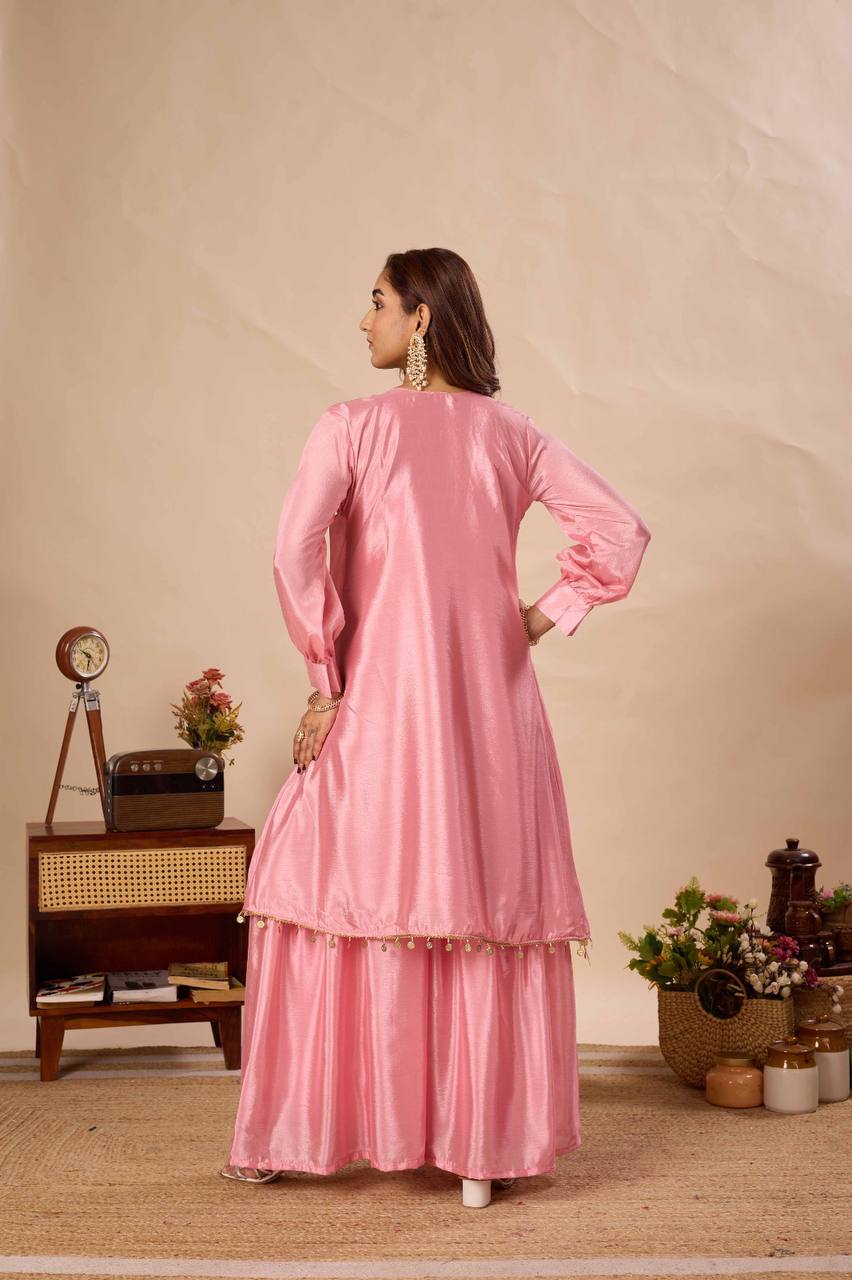 Pink Chinon Kurti Sarara Set with Sequence Embroidery