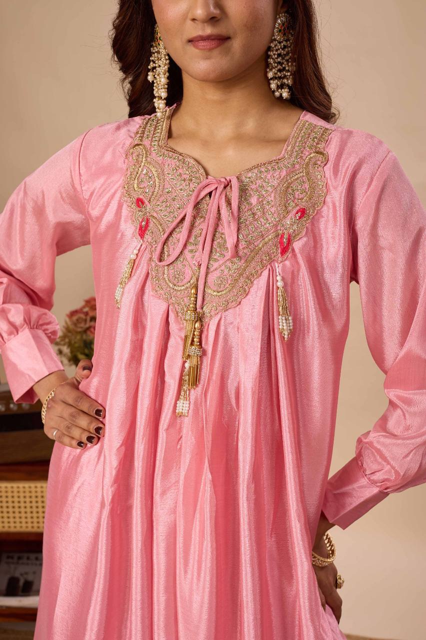 Pink Chinon Kurti Sarara Set with Sequence Embroidery