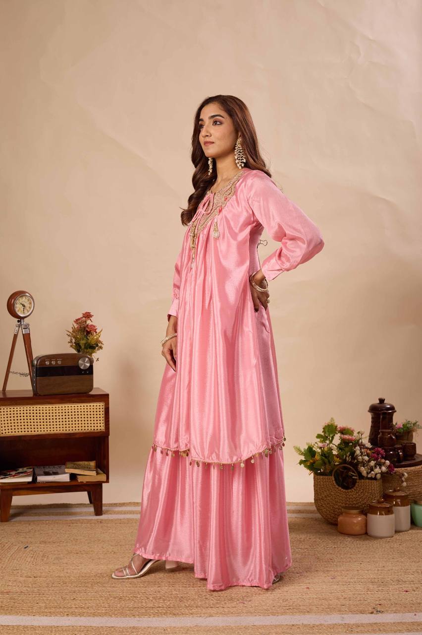 Pink Chinon Kurti Sarara Set with Sequence Embroidery