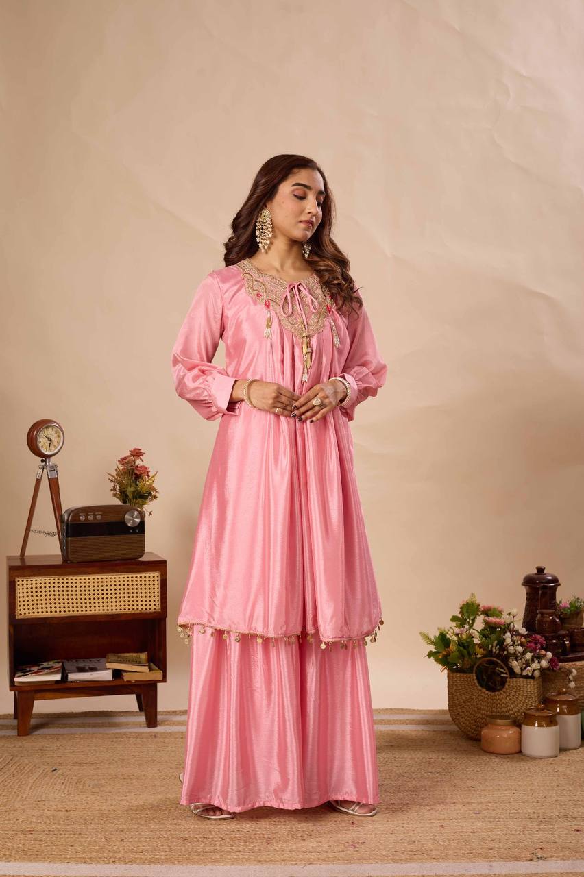 Pink Chinon Kurti Sarara Set with Sequence Embroidery