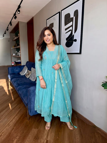 Sky Blue Pure Mul Chanderi Suit Set with Banarasi Jacquard Dupatta