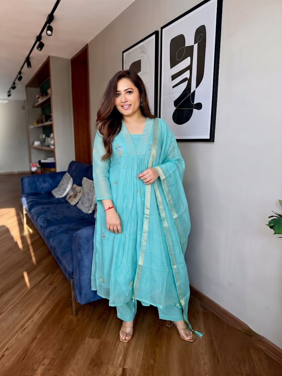Sky Blue Pure Mul Chanderi Suit Set with Banarasi Jacquard Dupatta