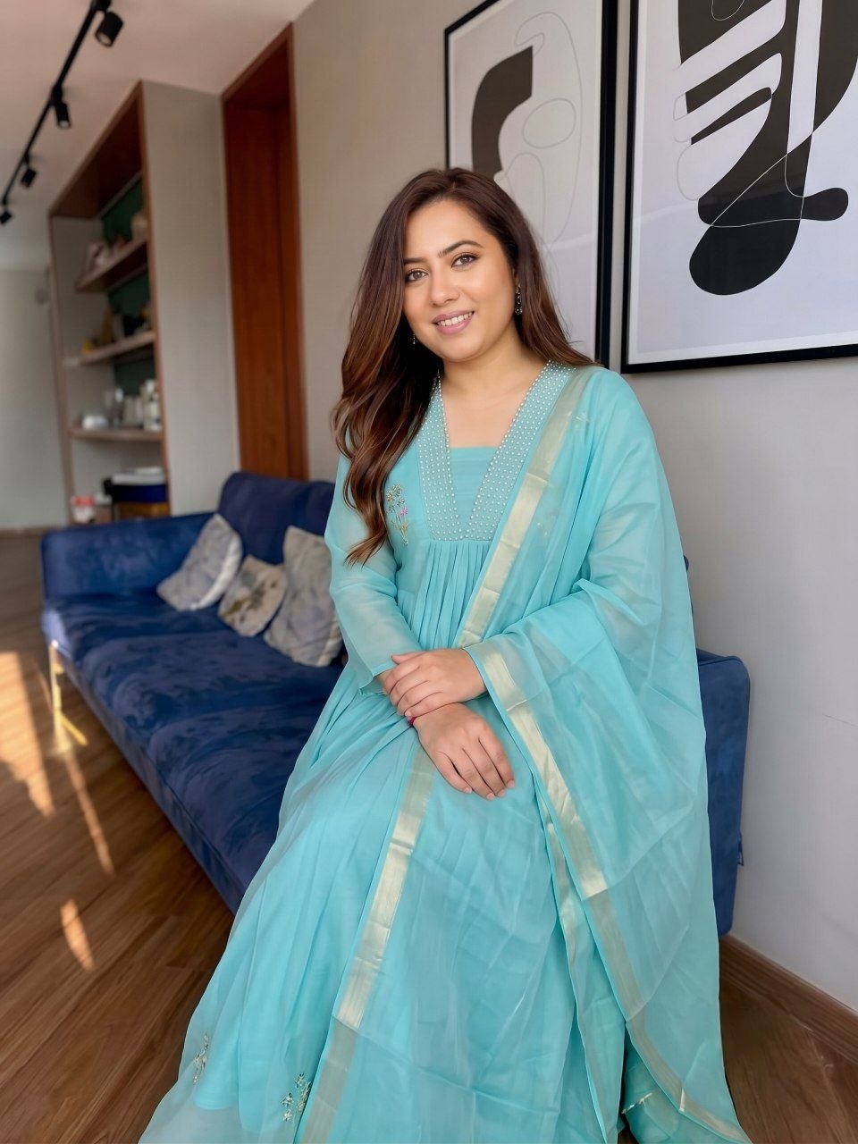 Sky Blue Pure Mul Chanderi Suit Set with Banarasi Jacquard Dupatta