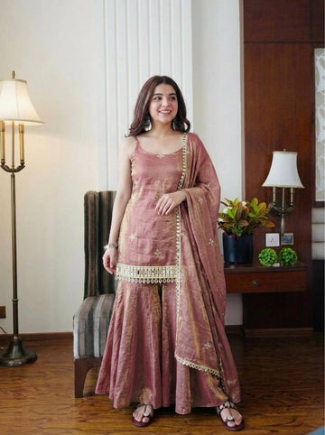 Dusty Rose Mirror Work Sharara Set