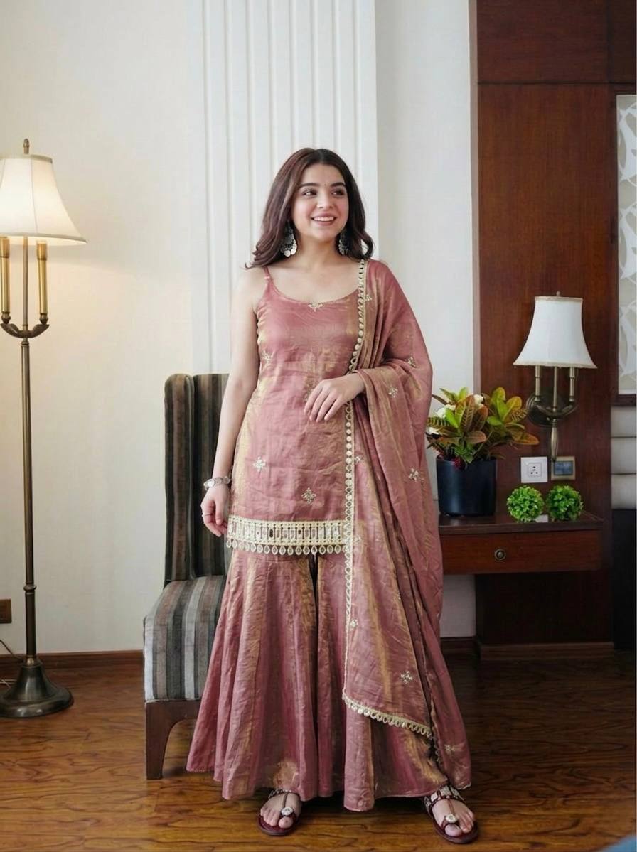 Dusty Rose Mirror Work Sharara Set