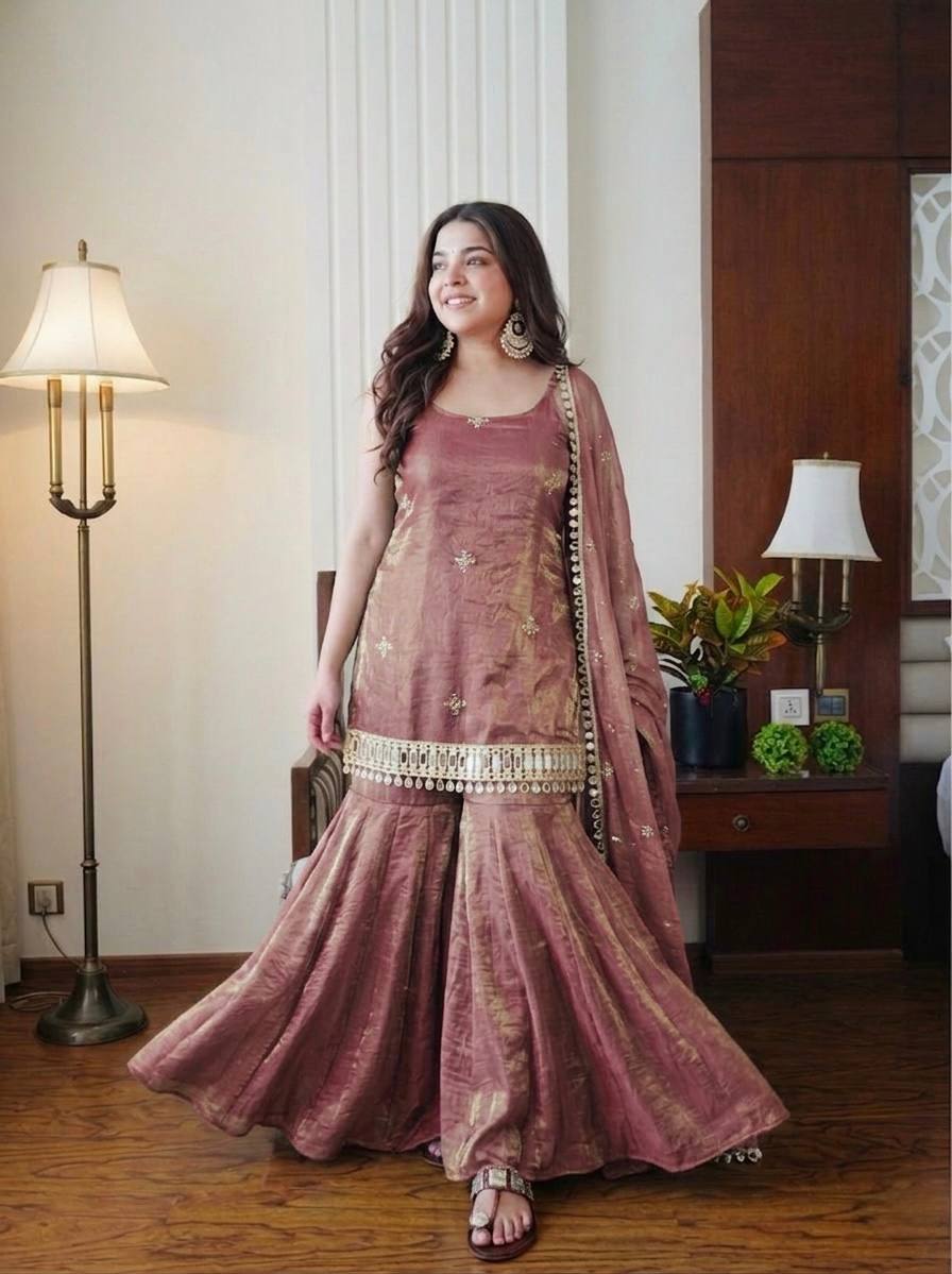 Dusty Rose Mirror Work Sharara Set