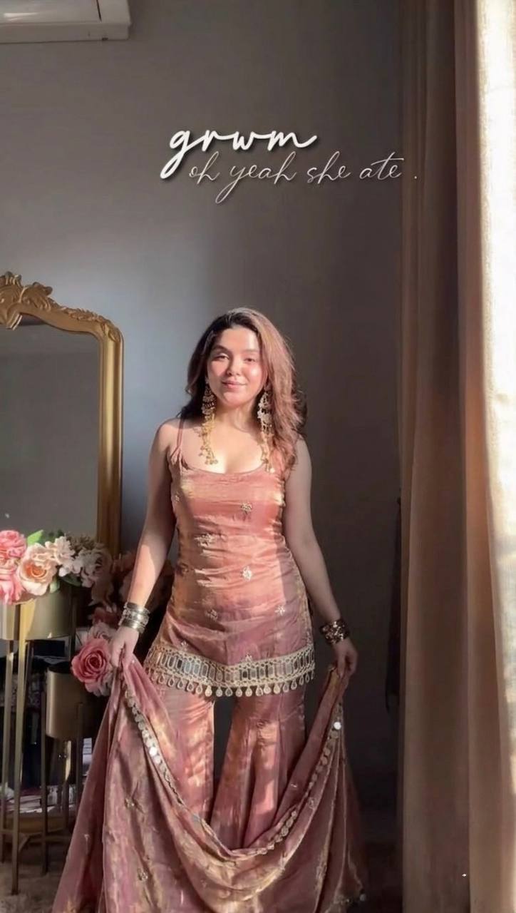 Dusty Rose Mirror Work Sharara Set