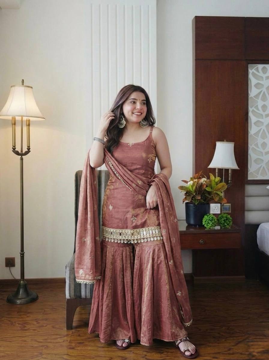 Dusty Rose Mirror Work Sharara Set
