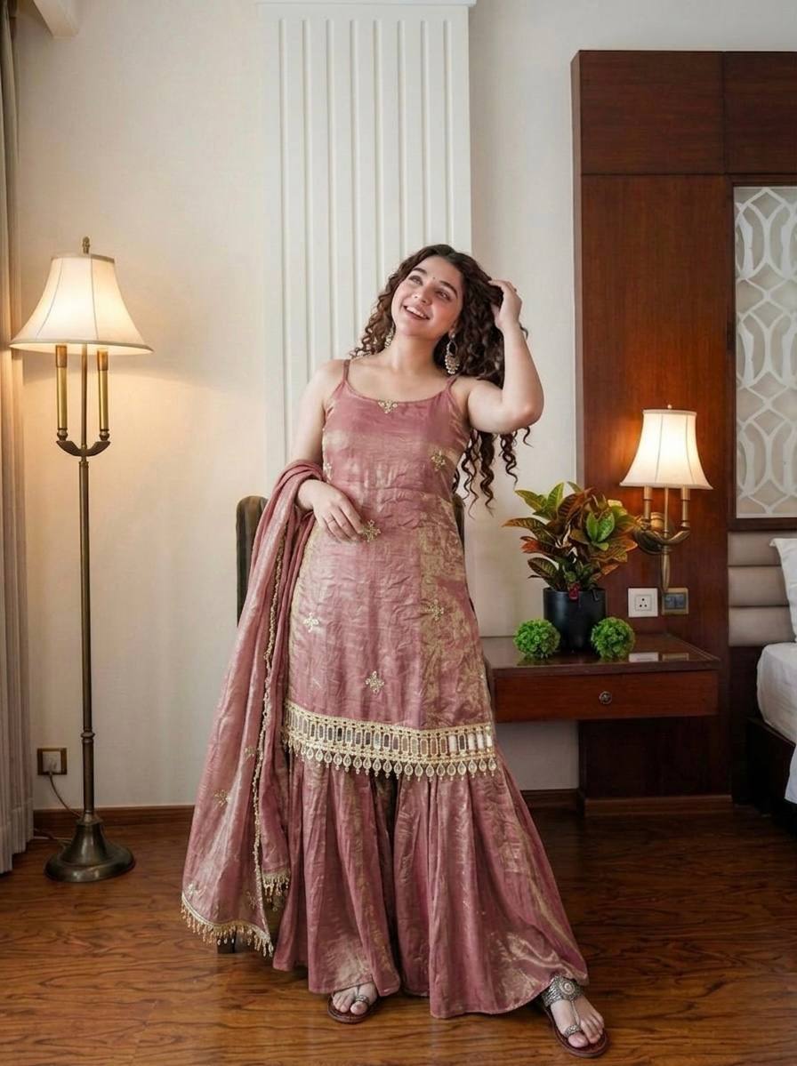 Dusty Rose Mirror Work Sharara Set