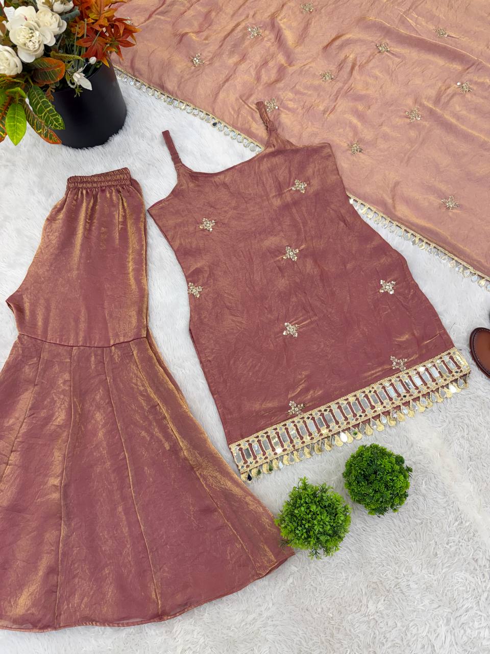 Dusty Rose Mirror Work Sharara Set