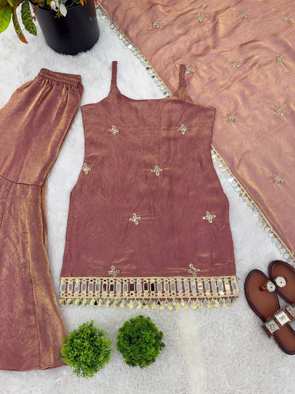 Dusty Rose Mirror Work Sharara Set