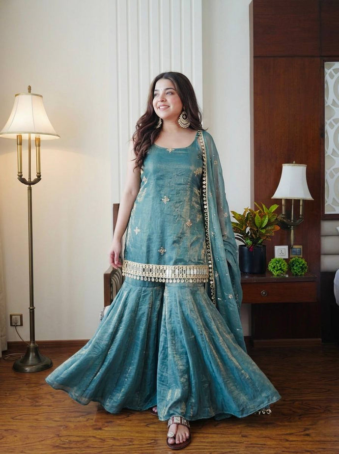 Dusty Rose Mirror Work Sharara Set