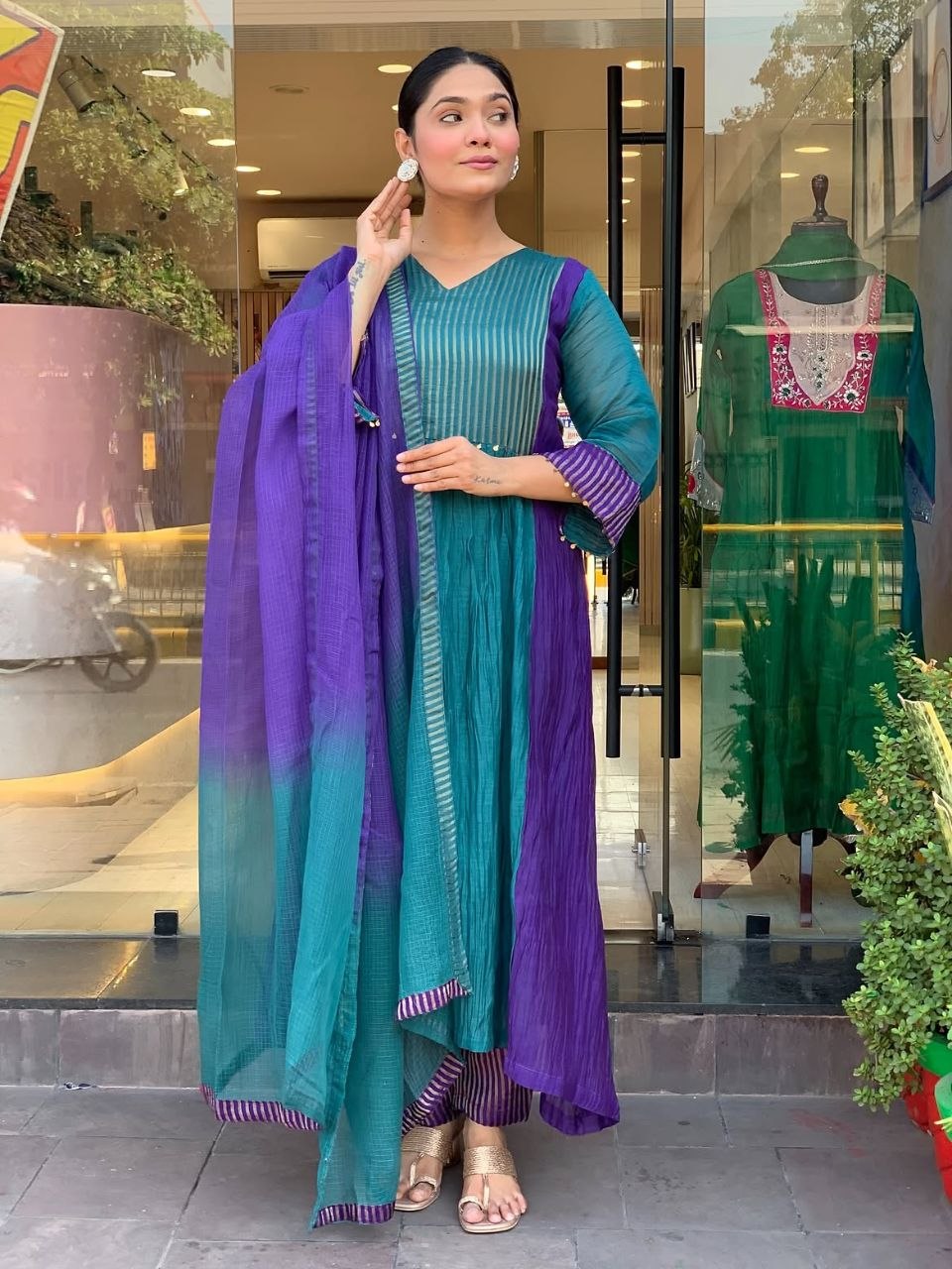Premium Mul Chanderi Anarkali Suit Set with 2-Tone Shading