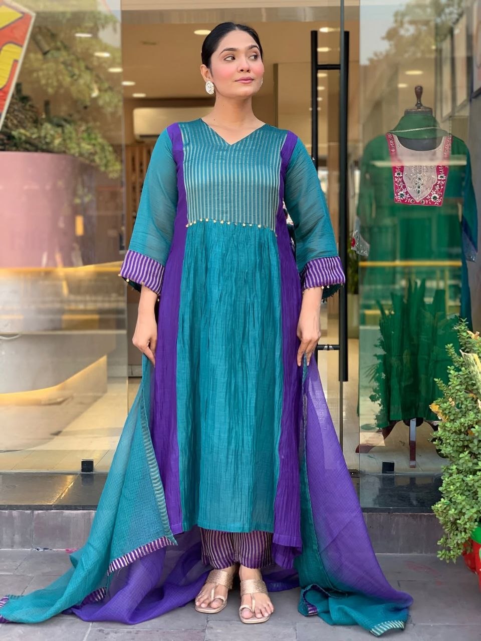 Premium Mul Chanderi Anarkali Suit Set with 2-Tone Shading