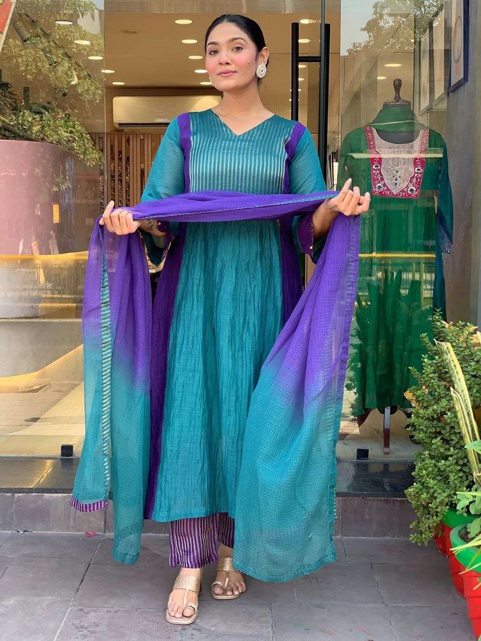 Premium Mul Chanderi Anarkali Suit Set with 2-Tone Shading
