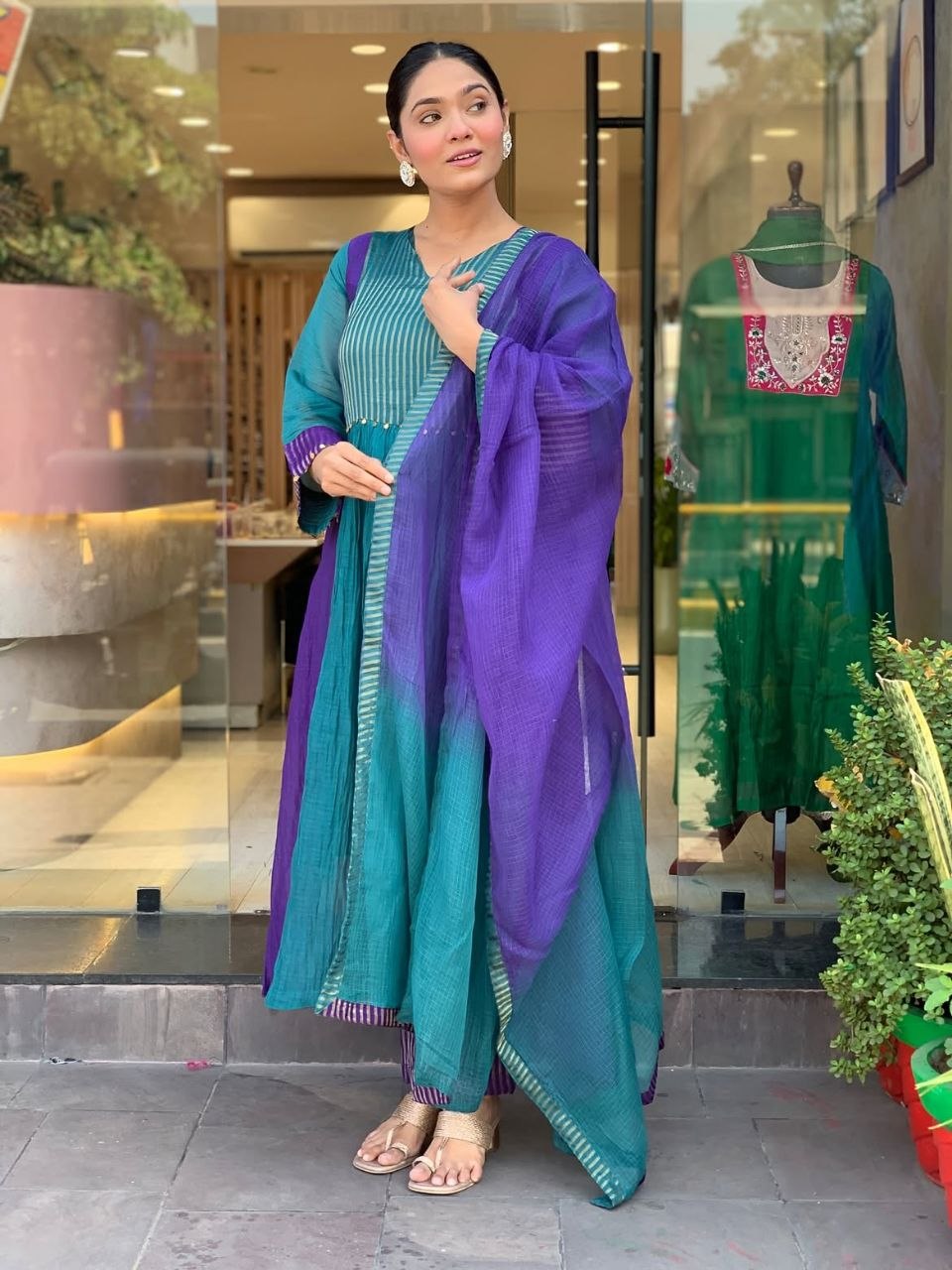 Premium Mul Chanderi Anarkali Suit Set with 2-Tone Shading
