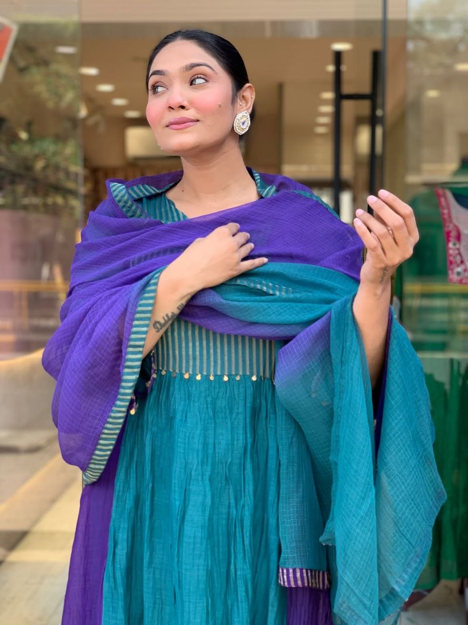 Premium Mul Chanderi Anarkali Suit Set with 2-Tone Shading