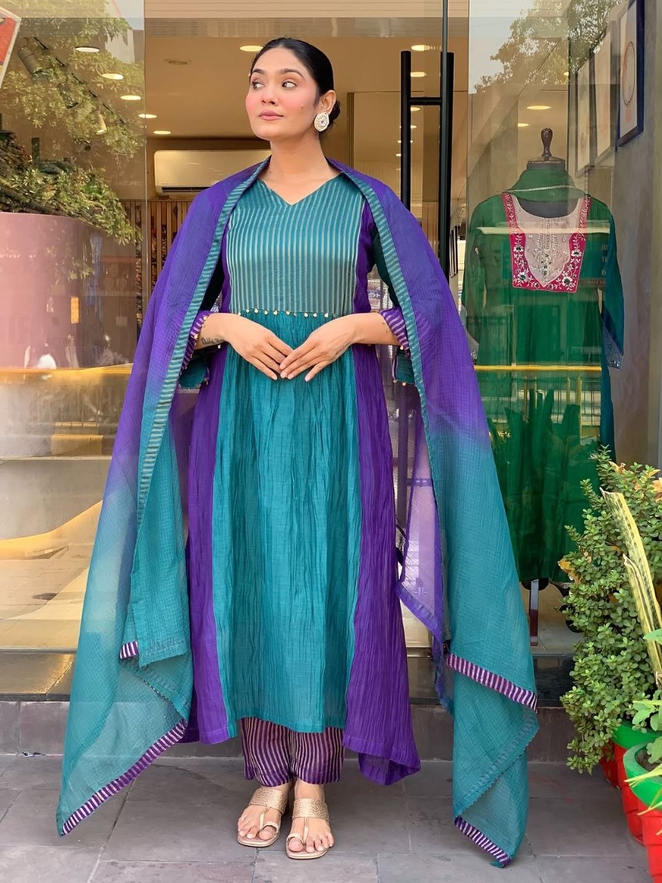 Premium Mul Chanderi Anarkali Suit Set with 2-Tone Shading