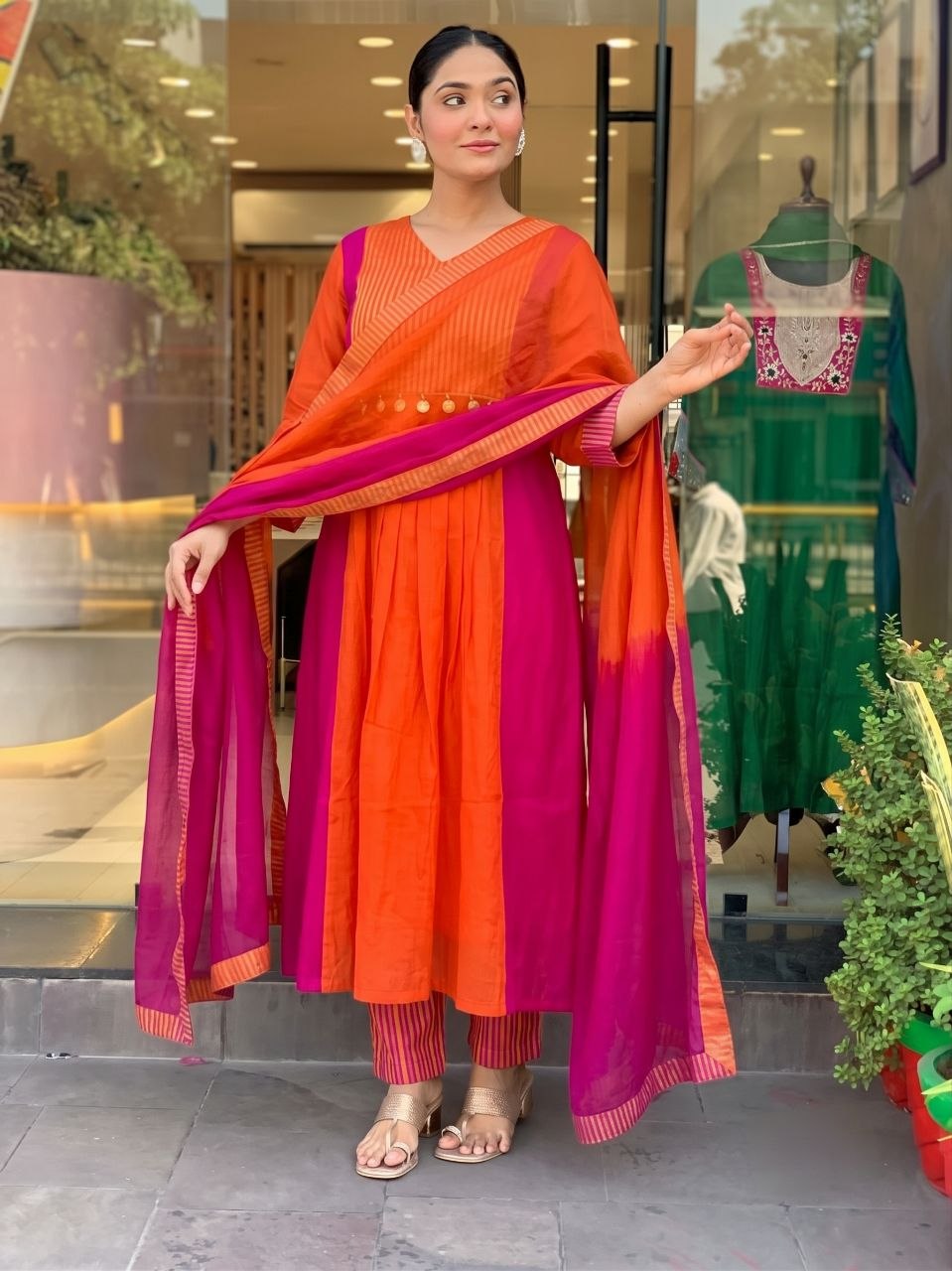 Premium Mul Chanderi Anarkali Suit Set with 2-Tone Shading