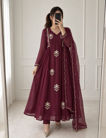Maroon Pure Mul Chanderi Anarkali Suit Set with Handwork