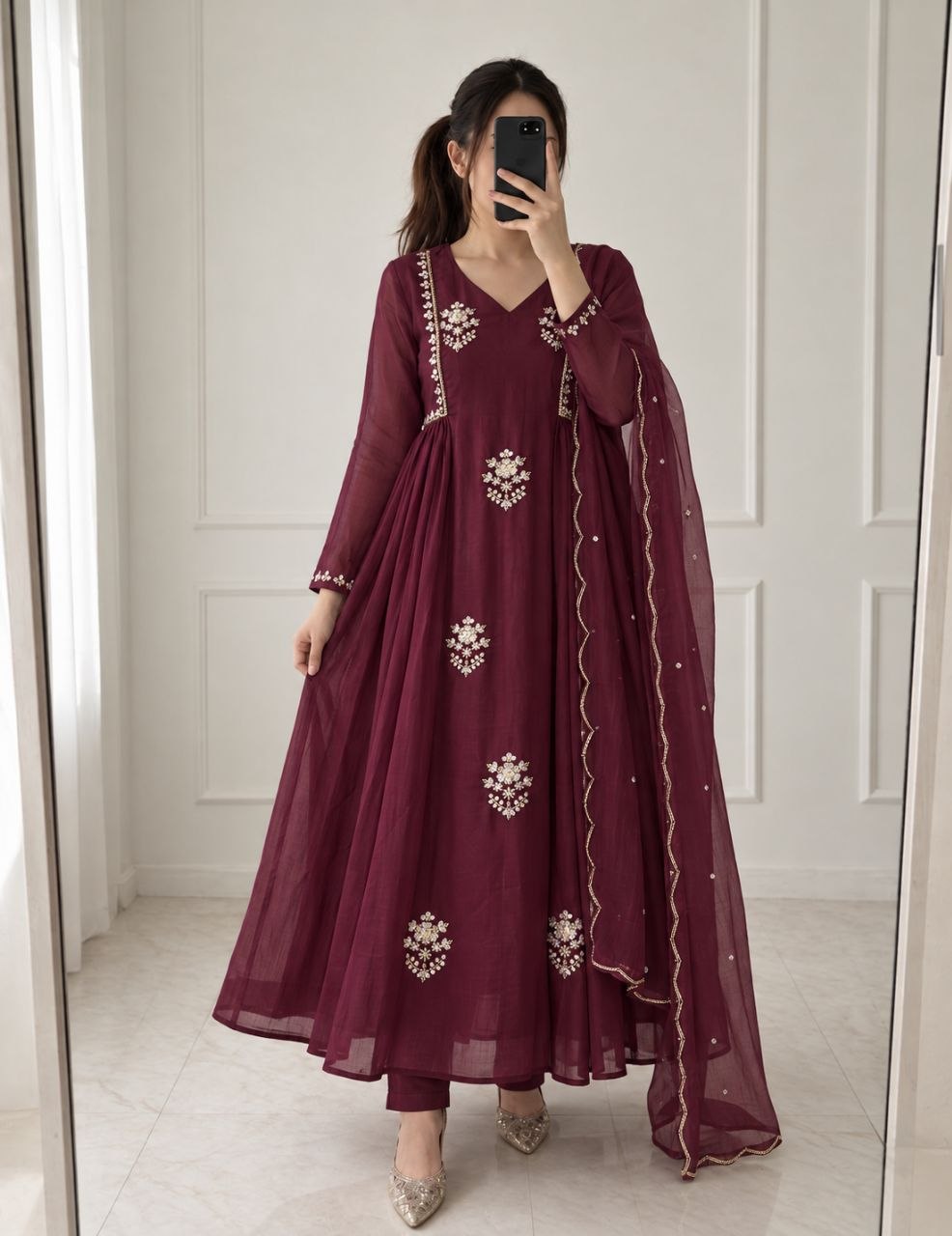 Maroon Pure Mul Chanderi Anarkali Suit Set with Handwork