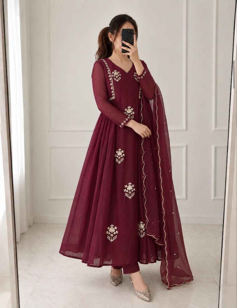 Maroon Pure Mul Chanderi Anarkali Suit Set with Handwork