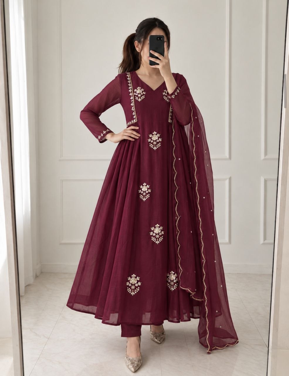 Maroon Pure Mul Chanderi Anarkali Suit Set with Handwork