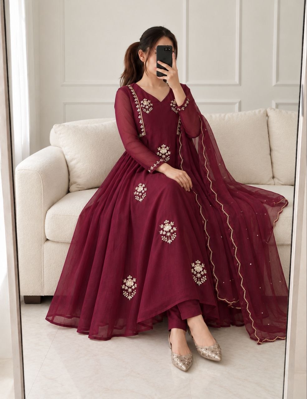 Maroon Pure Mul Chanderi Anarkali Suit Set with Handwork