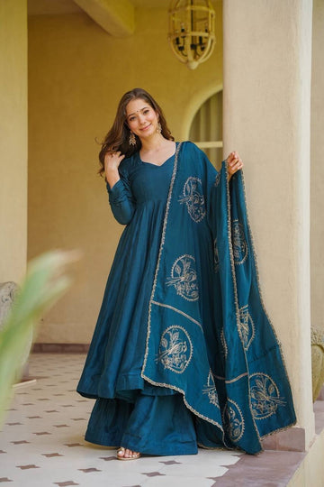 Teal Vichitra Silk Anarkali Set