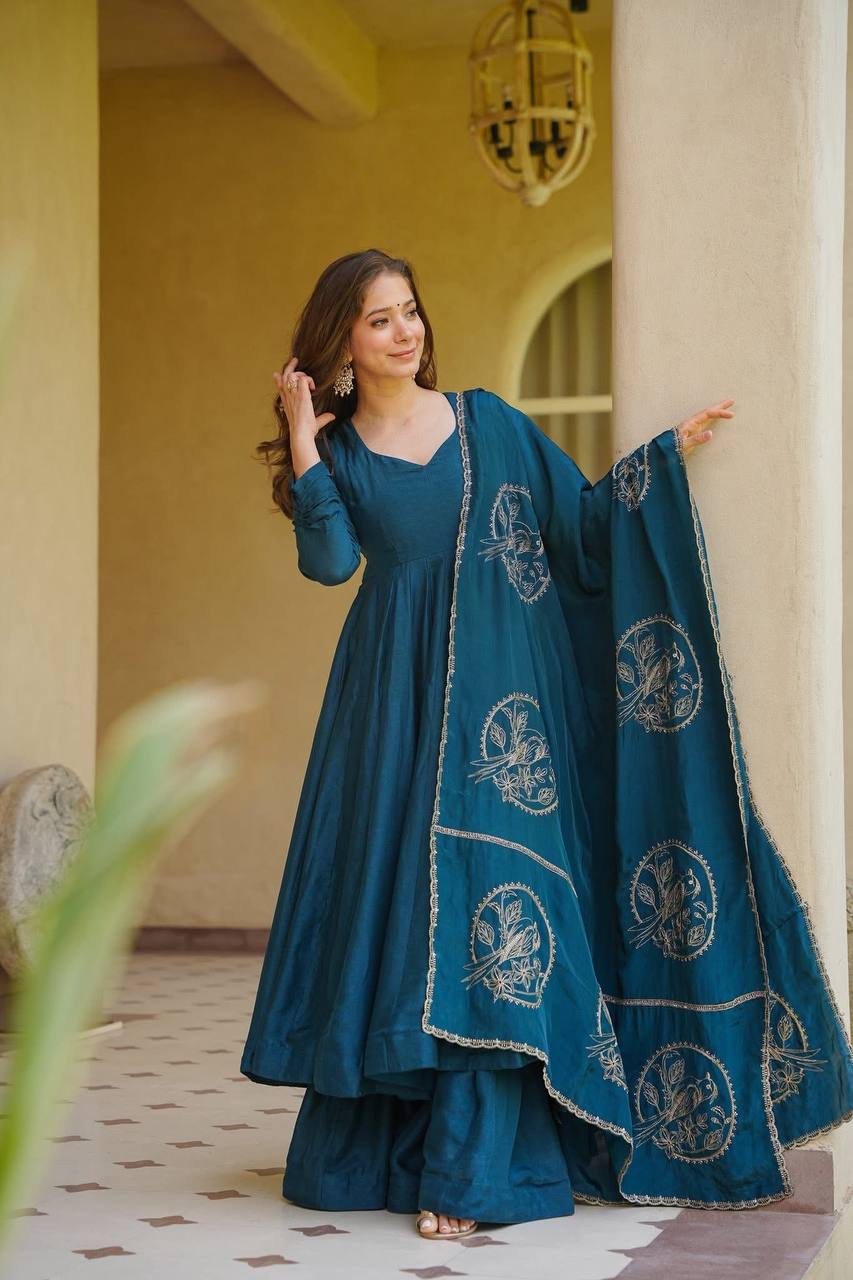 Teal Vichitra Silk Anarkali Set