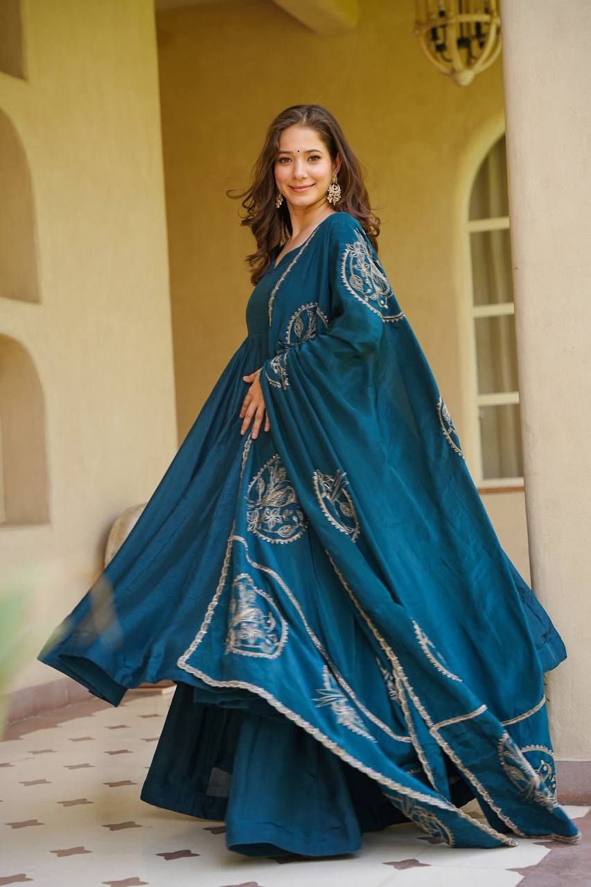 Teal Vichitra Silk Anarkali Set