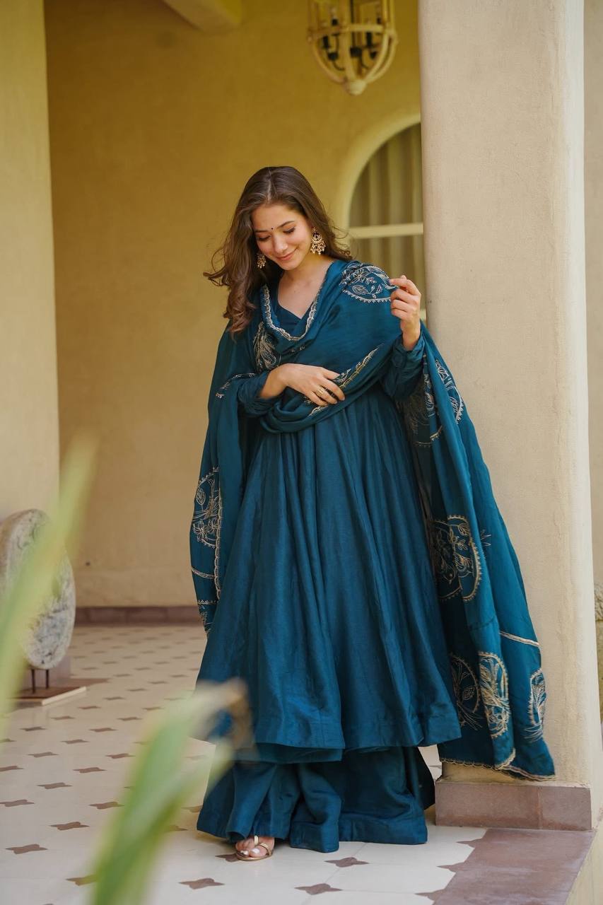 Teal Vichitra Silk Anarkali Set