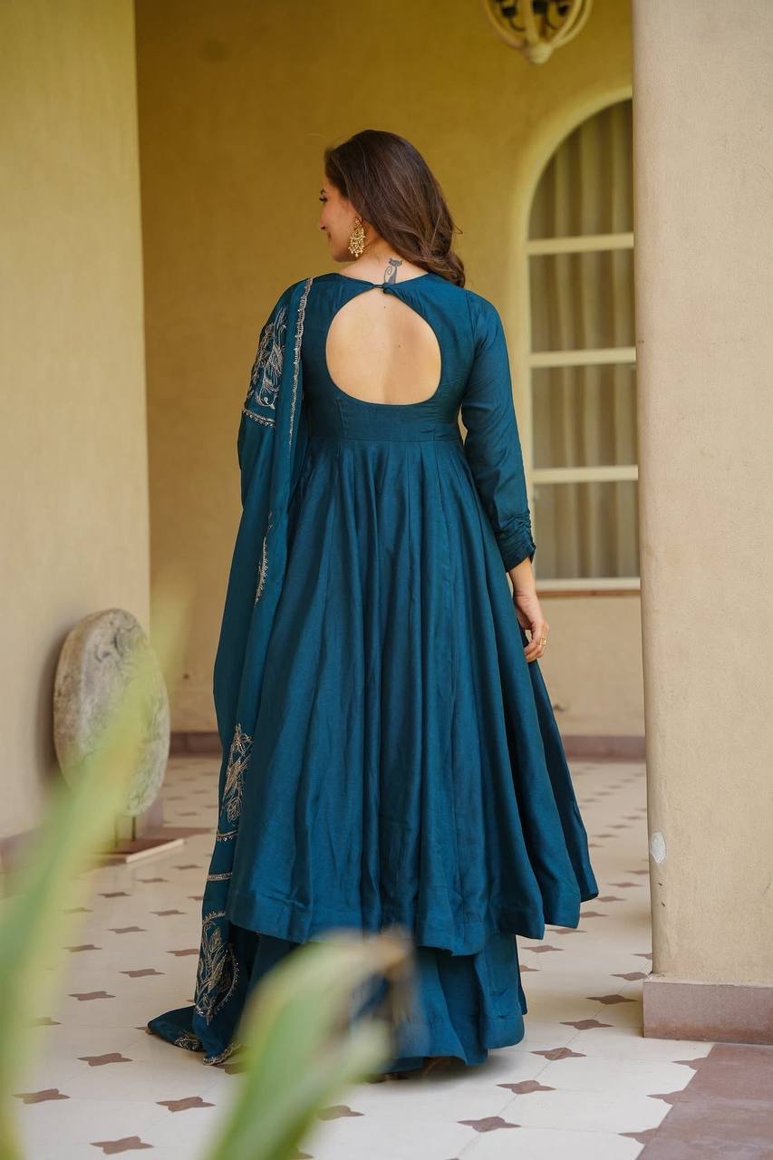 Teal Vichitra Silk Anarkali Set