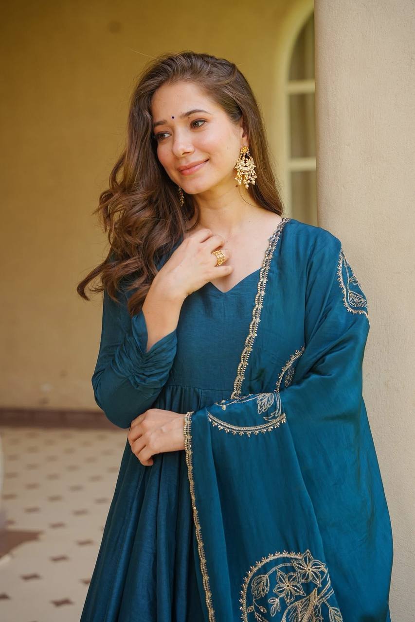 Teal Vichitra Silk Anarkali Set