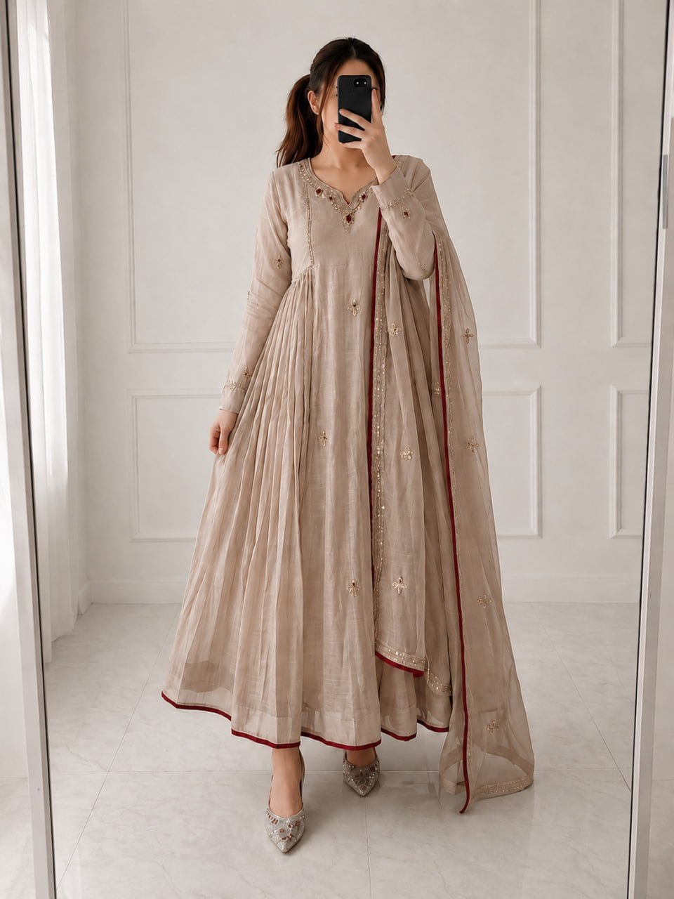 Almond Beige Mul Chanderi Anarkali Set