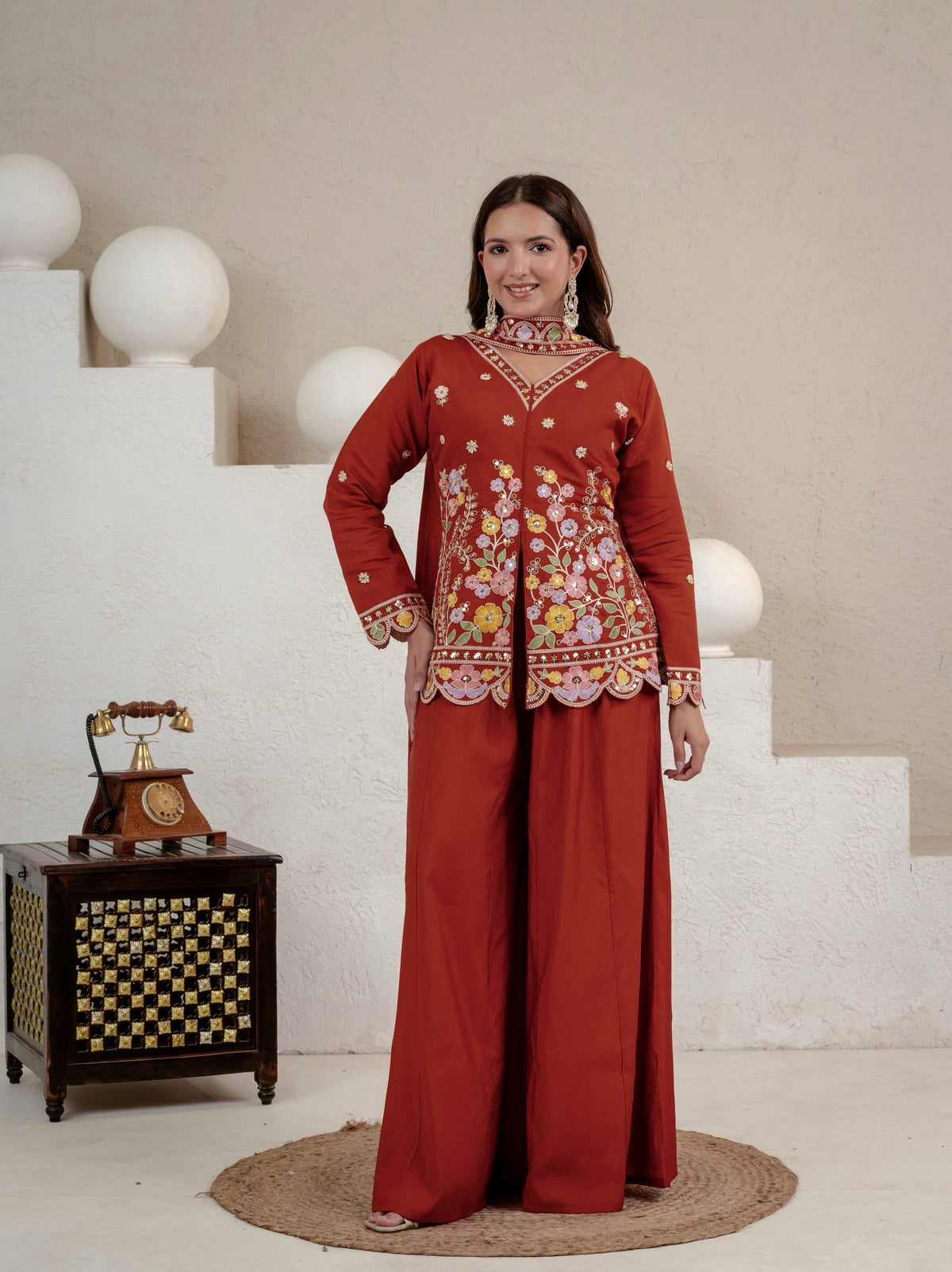 Rust Roman Silk Sequin Sharara Set